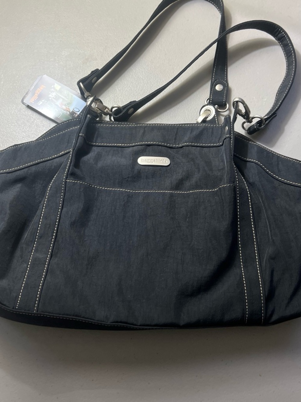 Baggallini Black Shoulder Tote with White Stitching
